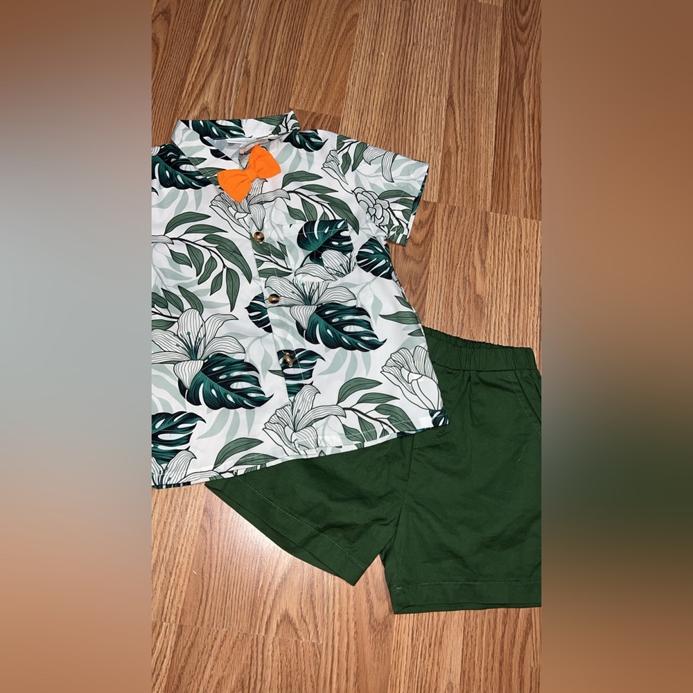 Leafy Green Kids outfit Set with Orange Bow